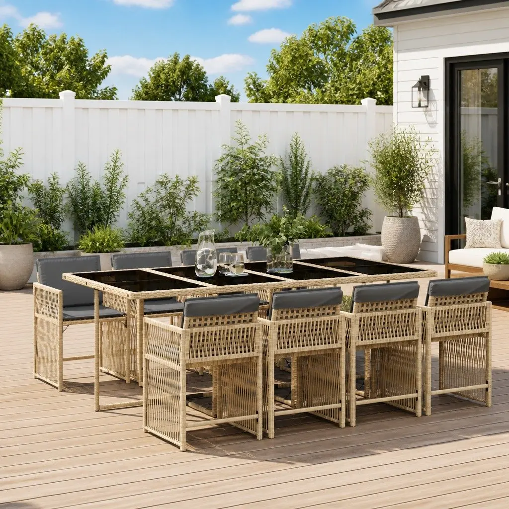 9 Piece Outdoor Dining Set with Beige Poly Rattan