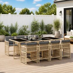 Durable 9 Piece Outdoor Dining Set with Beige Poly Rattan