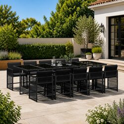 Durable 11 Piece Outdoor Dining Set in Black Poly Rattan