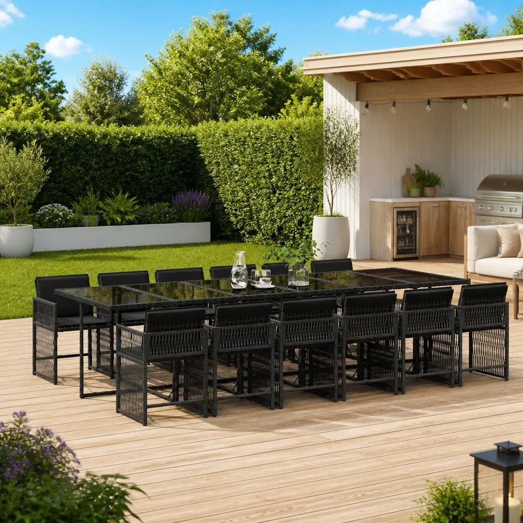 Outdoor Dining Set PE Rattan 13 Piece Black Cushions Table Chairs