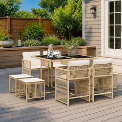 Sturdy 9 Piece Garden Dining Set in Beige Poly Rattan