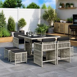 Stylish Garden Dining Set 9 Piece Grey Poly Rattan