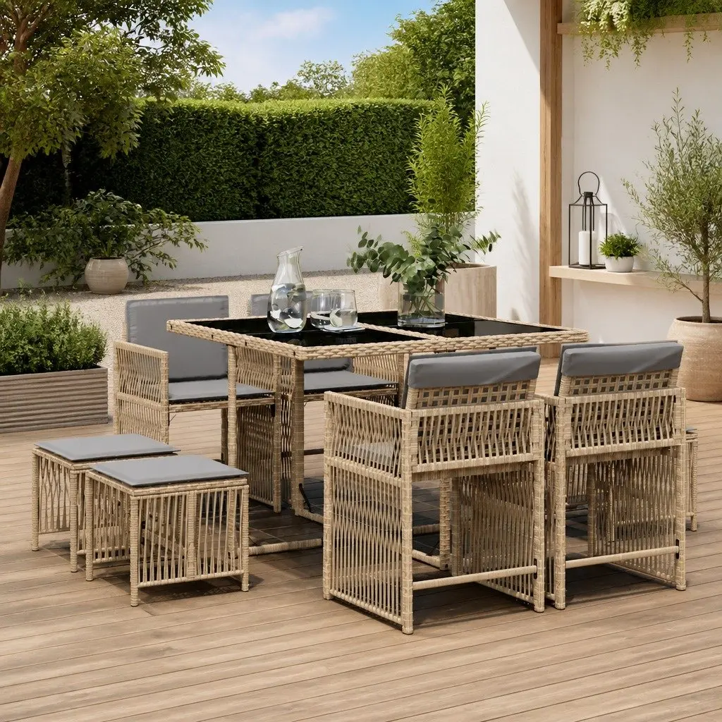 9 Piece Beige Poly Rattan Garden Dining Set