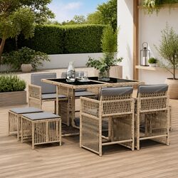 High-Quality 9 Piece Beige Poly Rattan Garden Dining Set