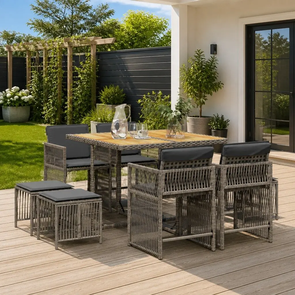 9-Piece Grey Poly Rattan Outdoor Dining Set