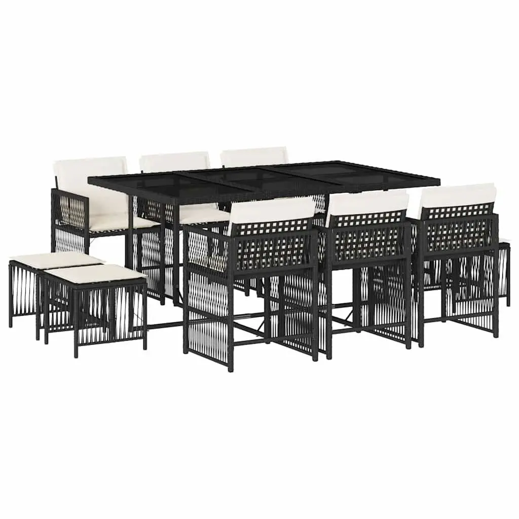 Outdoor Dining Set PE Rattan 11 Piece Black Garden Furniture Table Chairs Cushions