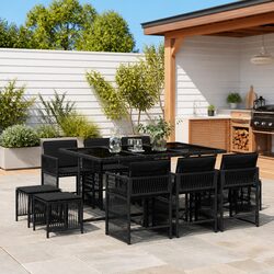 11-Piece Black Poly Rattan Outdoor Dining Set
