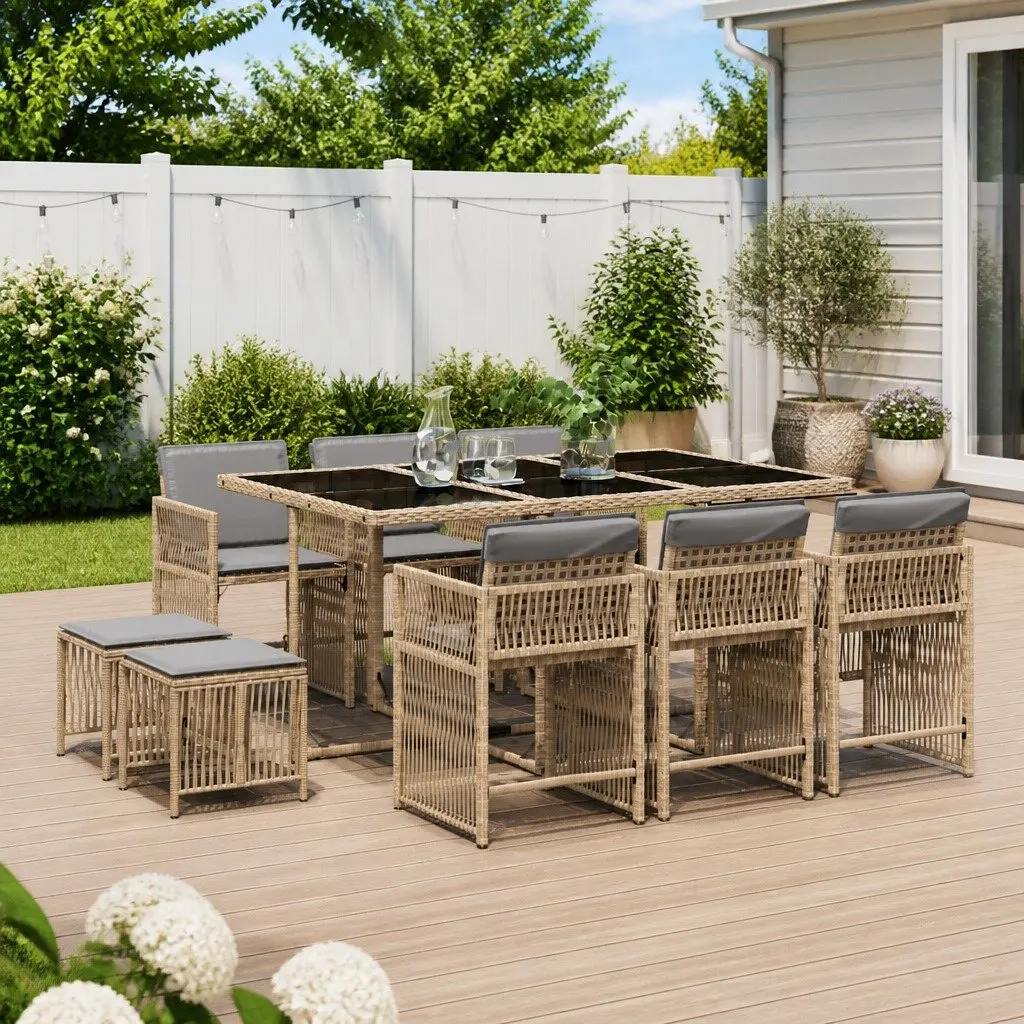 Beige Poly Rattan 11 Piece Garden Dining Set with Cushions