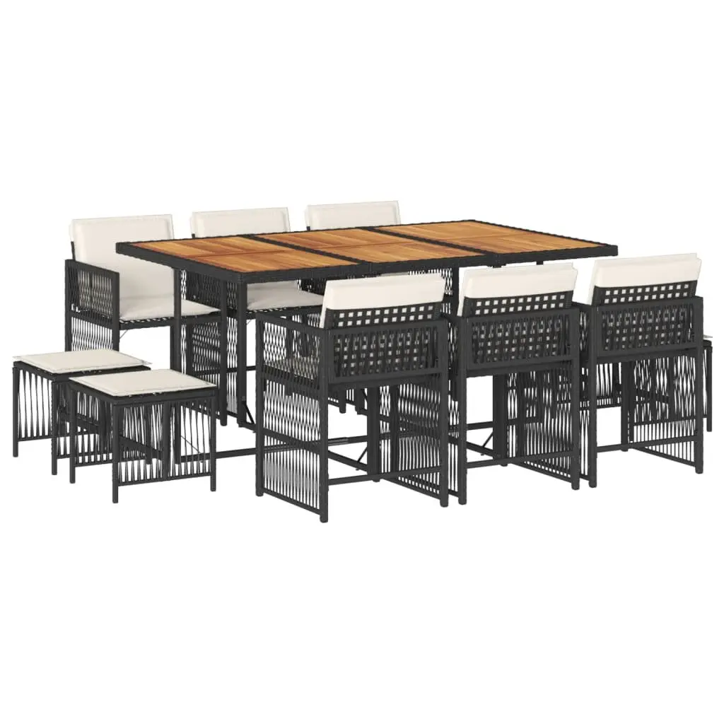 Garden Dining Set PE Rattan Acacia Wood Table Black 11 Piece