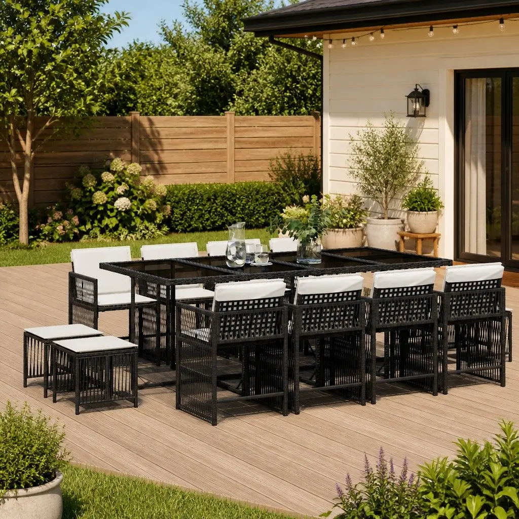 Garden Dining Set PE Rattan 13 Piece Outdoor Furniture Black Patio Table