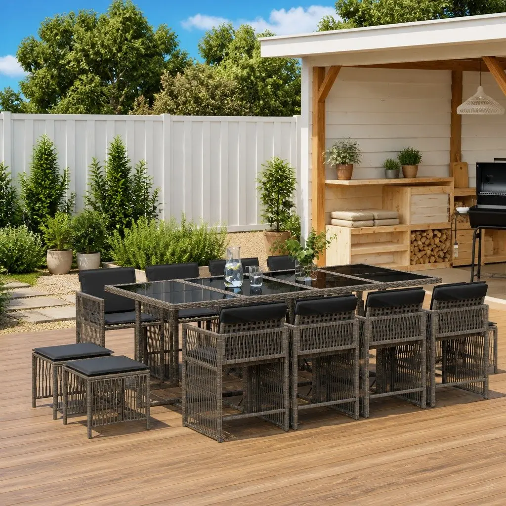 Garden Dining Set PE Rattan 13 Piece Outdoor Furniture Grey Table Chairs Cushions