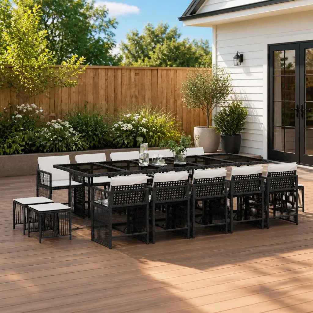 Outdoor Dining Set PE Rattan 15 Piece Garden Furniture Black with Cushions
