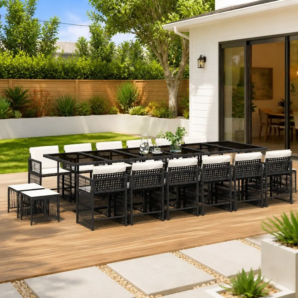 17-Piece Outdoor Dining Set with Rattan Chairs