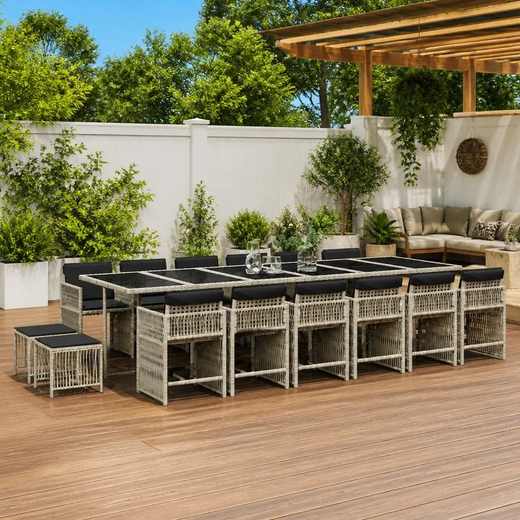 Garden Dining Set PE Rattan 17 Piece Outdoor Furniture Grey with Cushions