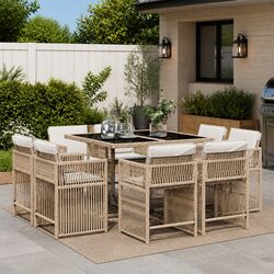 Beige 9 Piece Outdoor Patio Dining Set with Rattan Chairs