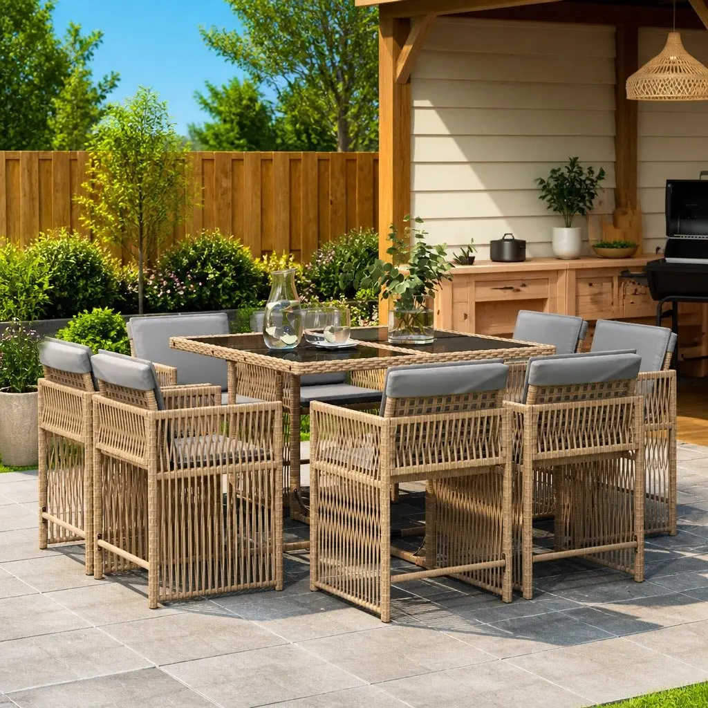 9 Piece Durable Outdoor Dining Set with Beige Cushions