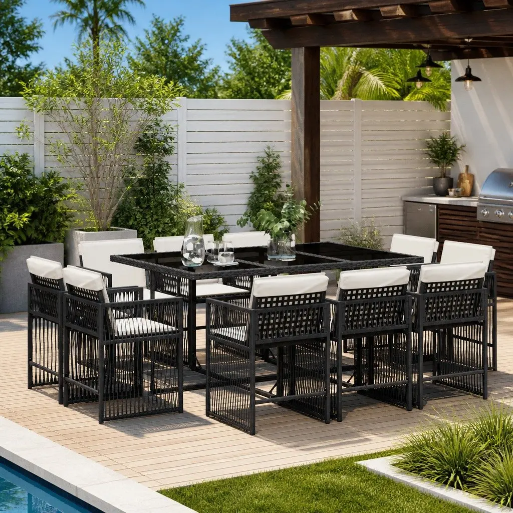 11 Piece Garden Dining Set with Cushions in Black