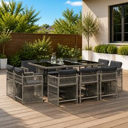 11-Piece Grey Poly Rattan Outdoor Dining Set with Cushions