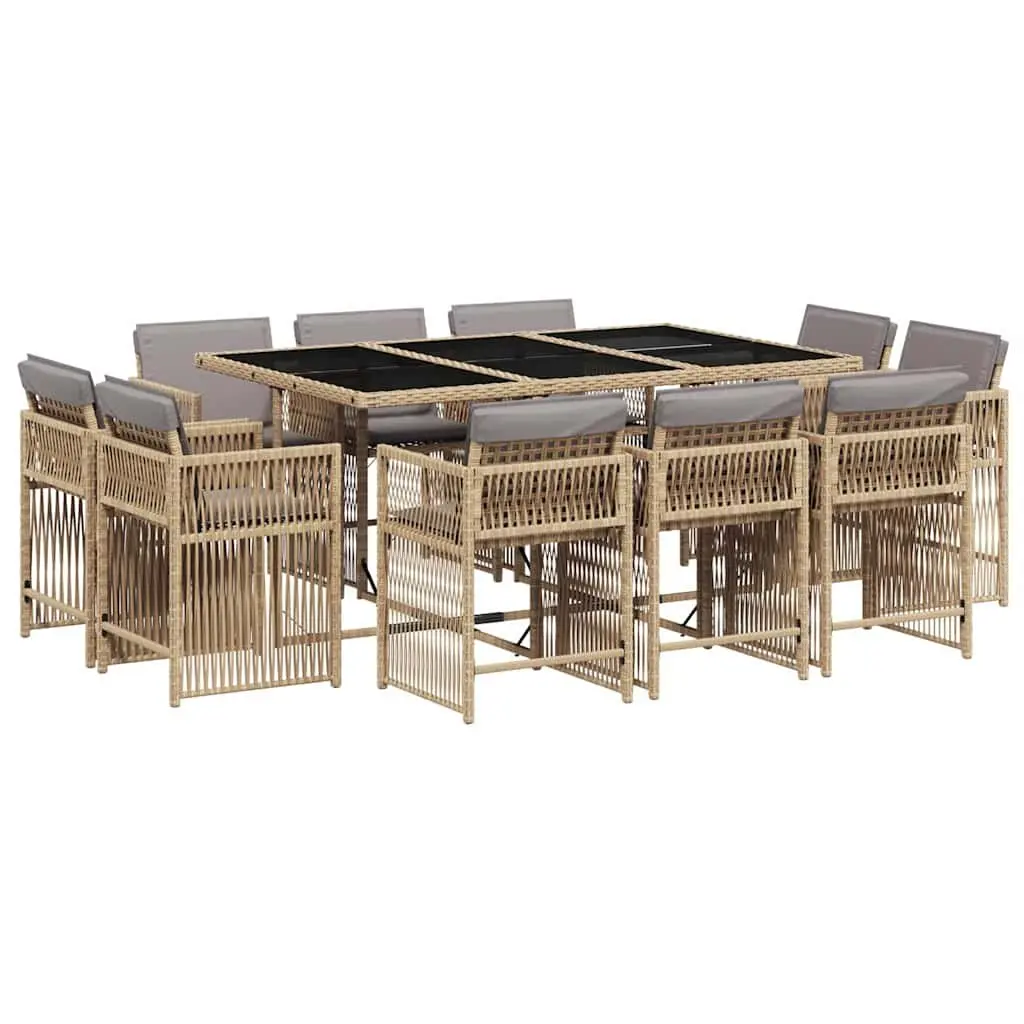 Garden Dining Set 11 Piece Poly Rattan Beige Outdoor Furniture with Cushions