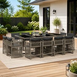 Durable Grey Poly Rattan Garden Dining Set with Cushions