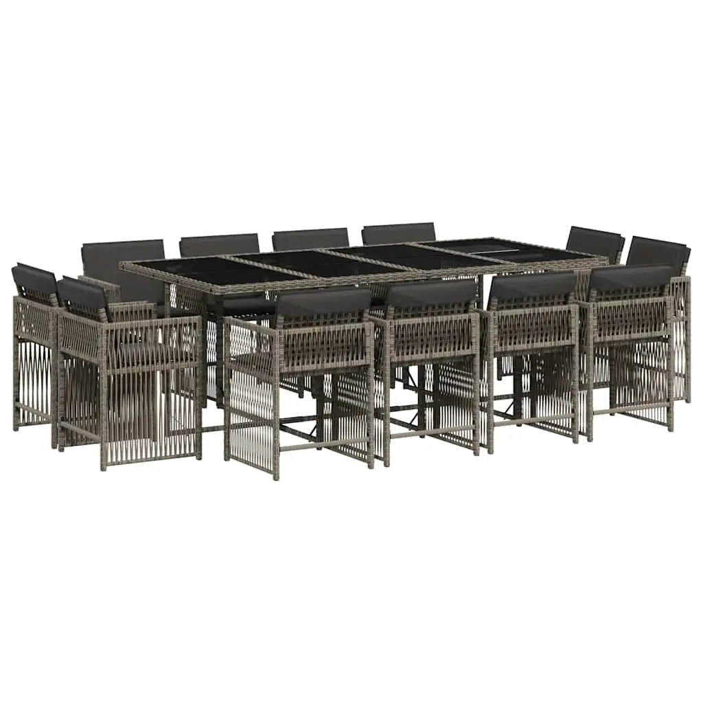 Garden Dining Set PE Poly Rattan Grey 13 Pieces with Cushions Folding Chairs Glass Top