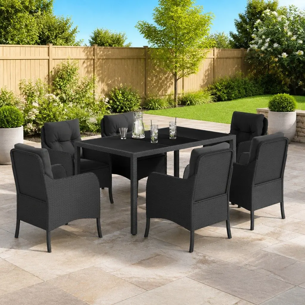 7 Piece Outdoor Garden Dining Set Poly Rattan Black Table Chairs Cushions