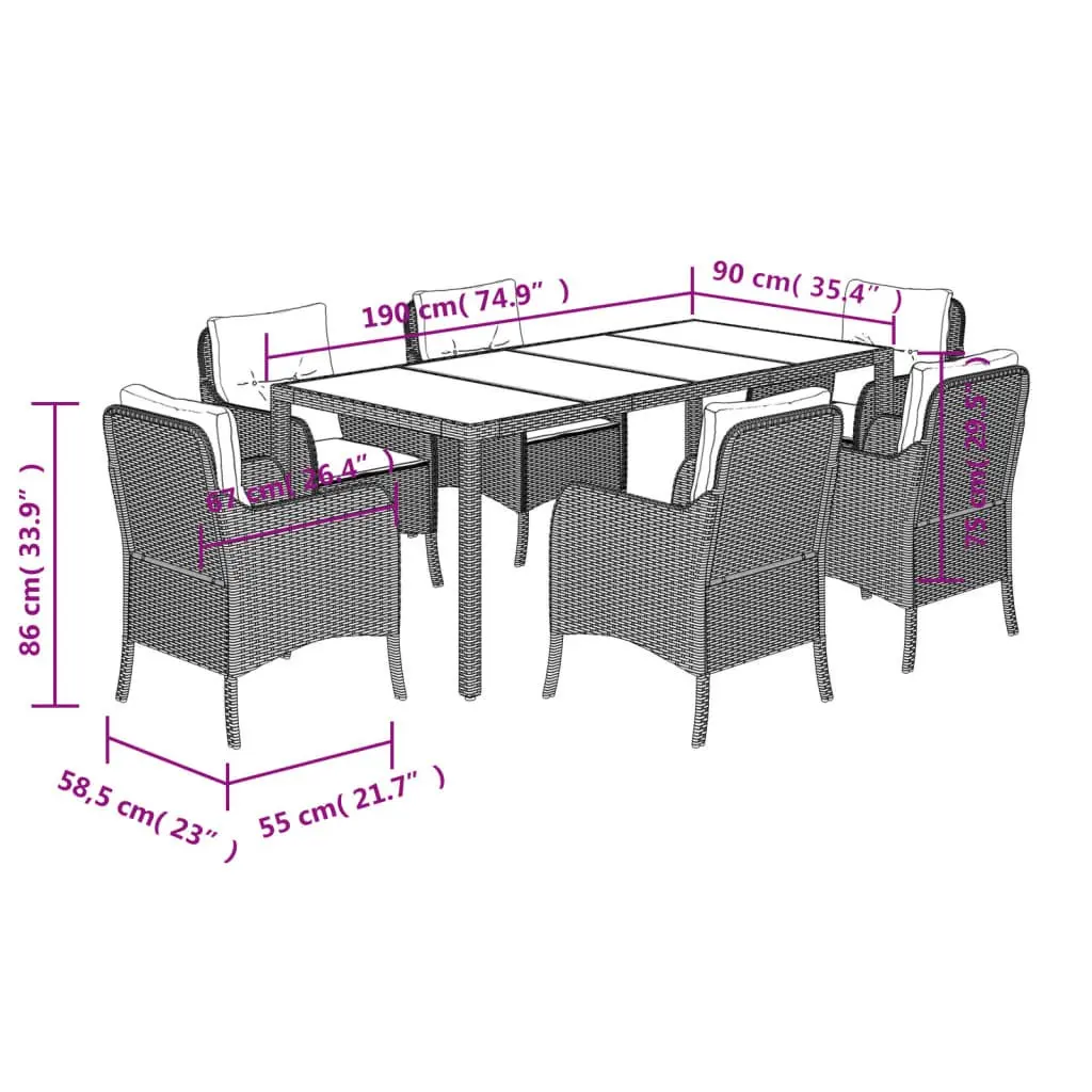 Outdoor Dining Set PE Poly Rattan 7 Piece Black Steel Frame with Cushions
