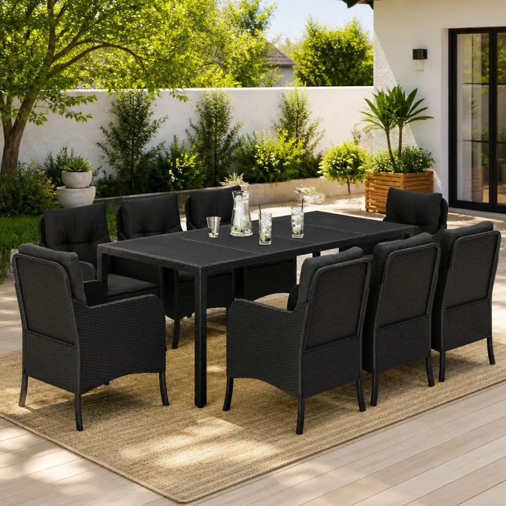 9 Piece Black Poly Rattan Outdoor Dining Set