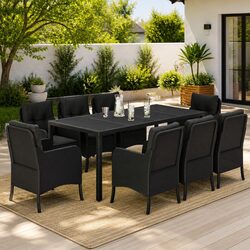 Durable 9 Piece Black Poly Rattan Outdoor Dining Set