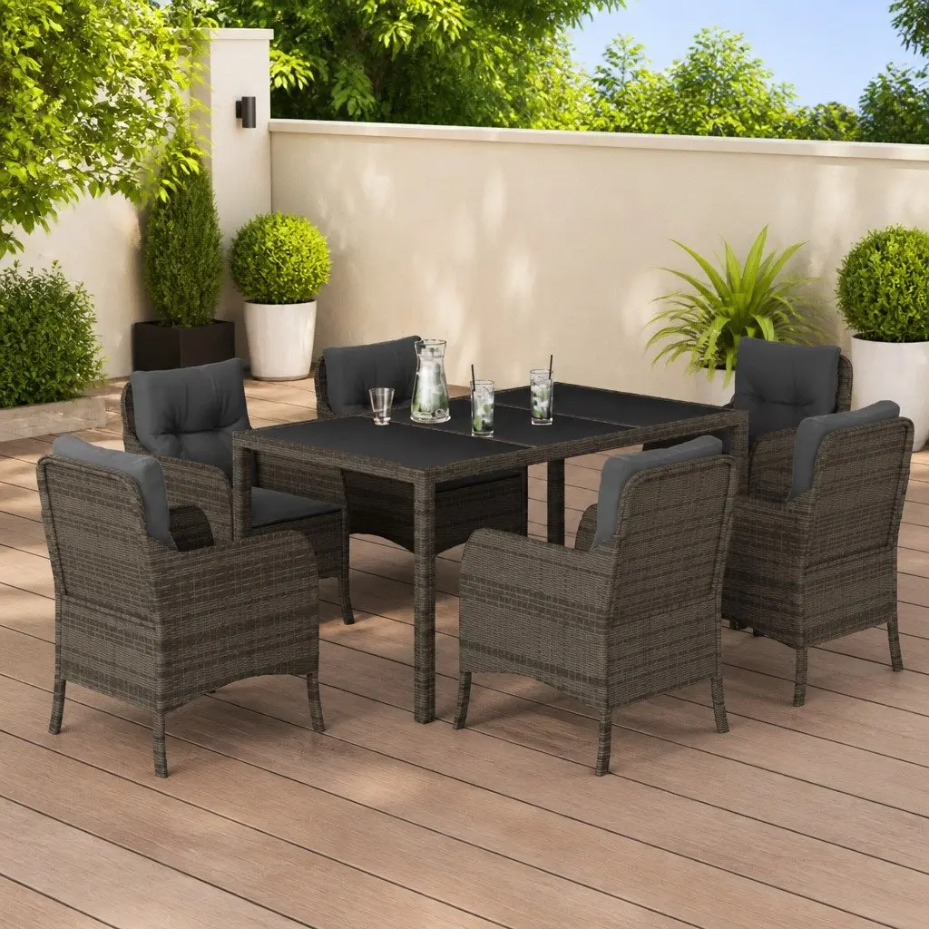 7 Piece Grey Poly Rattan Outdoor Dining Set with Cushions