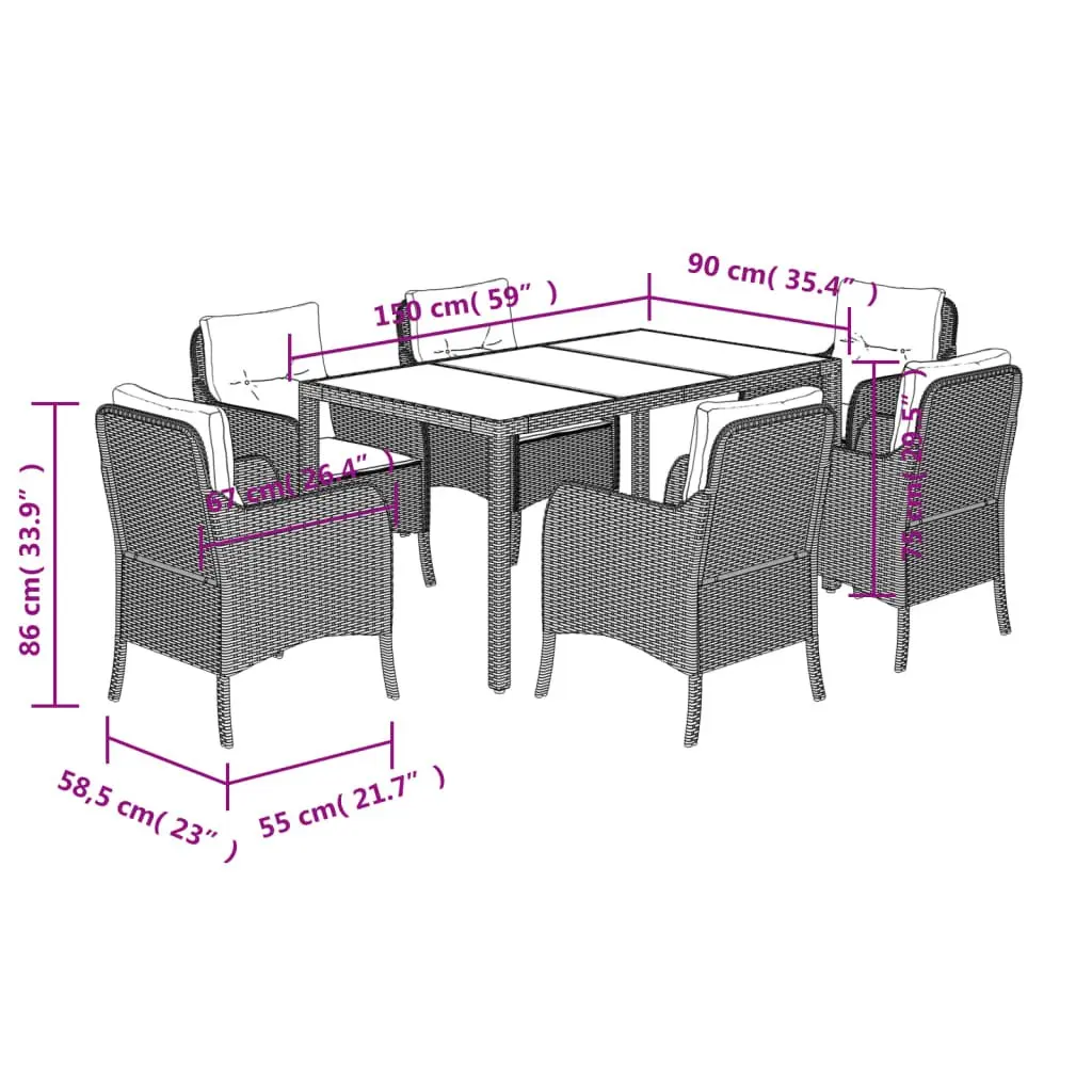 7 Piece Grey Poly Rattan Outdoor Dining Set with Cushions
