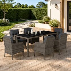 7-Piece Outdoor Dining Set with Cushions in Grey