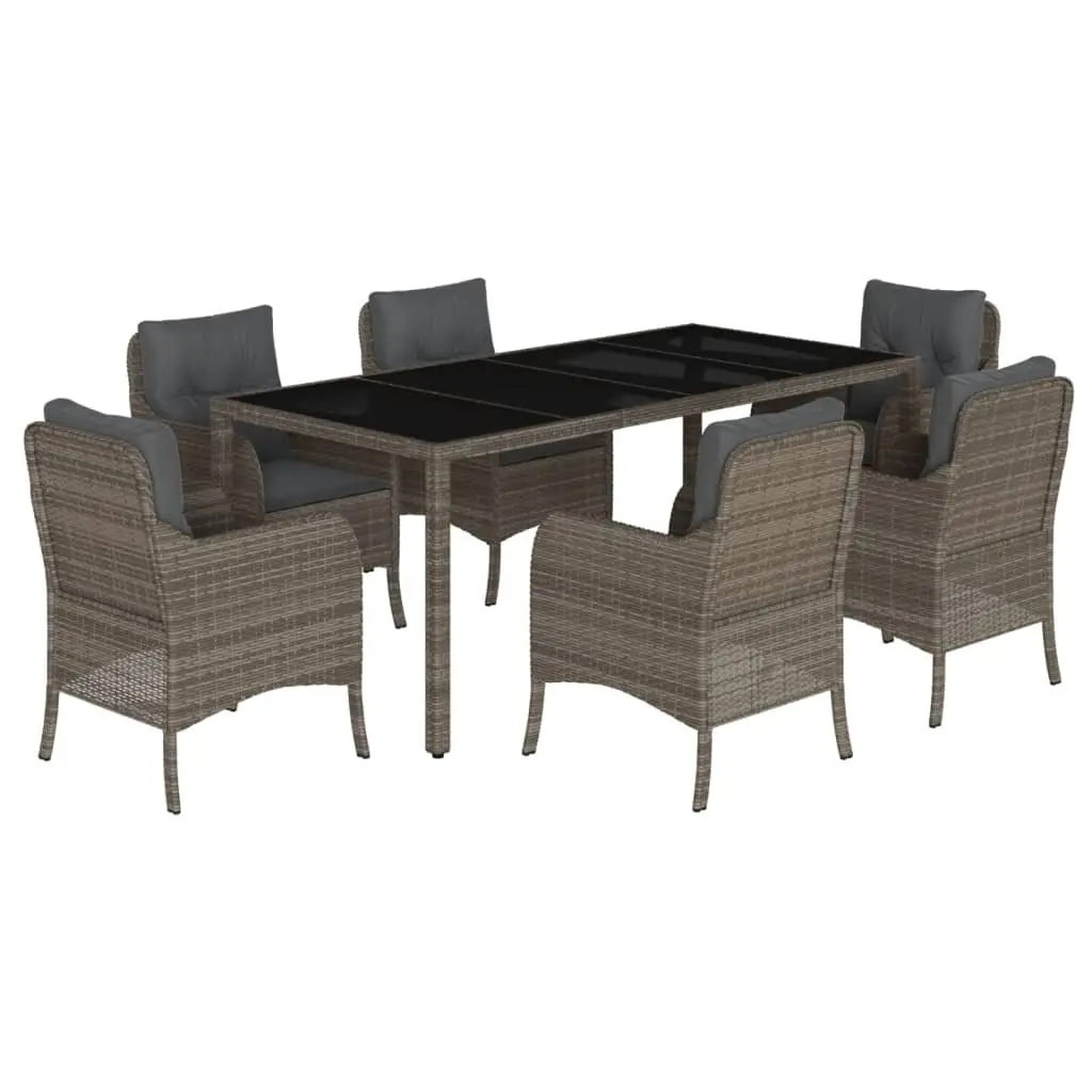 7 Piece Outdoor Dining Set PE Rattan Grey with Cushions and Tempered Glass Top