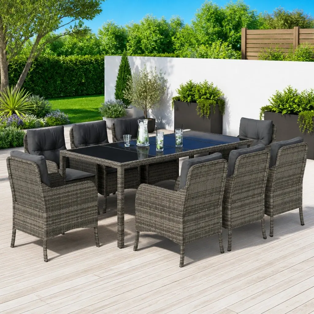 9-Piece Grey Poly Rattan Garden Dining Set