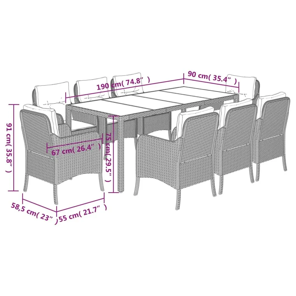9-Piece Grey Poly Rattan Garden Dining Set