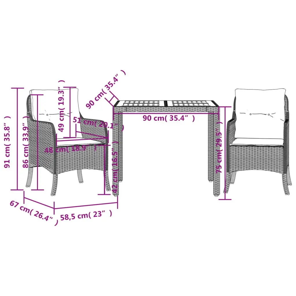 Black Poly Rattan Outdoor Dining Set 3 Pieces