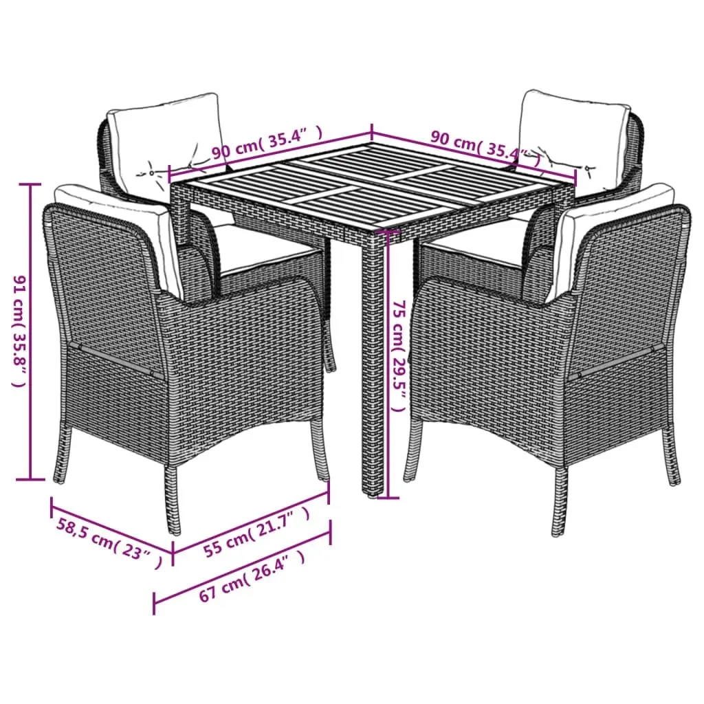 5 Piece Garden Dining Set with Cushions in Black
