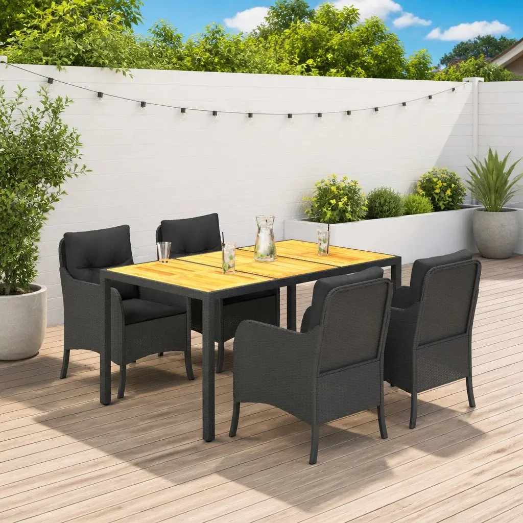 Garden Dining Set 5 Piece PE Rattan Black with Acacia Wood Table and Cushions