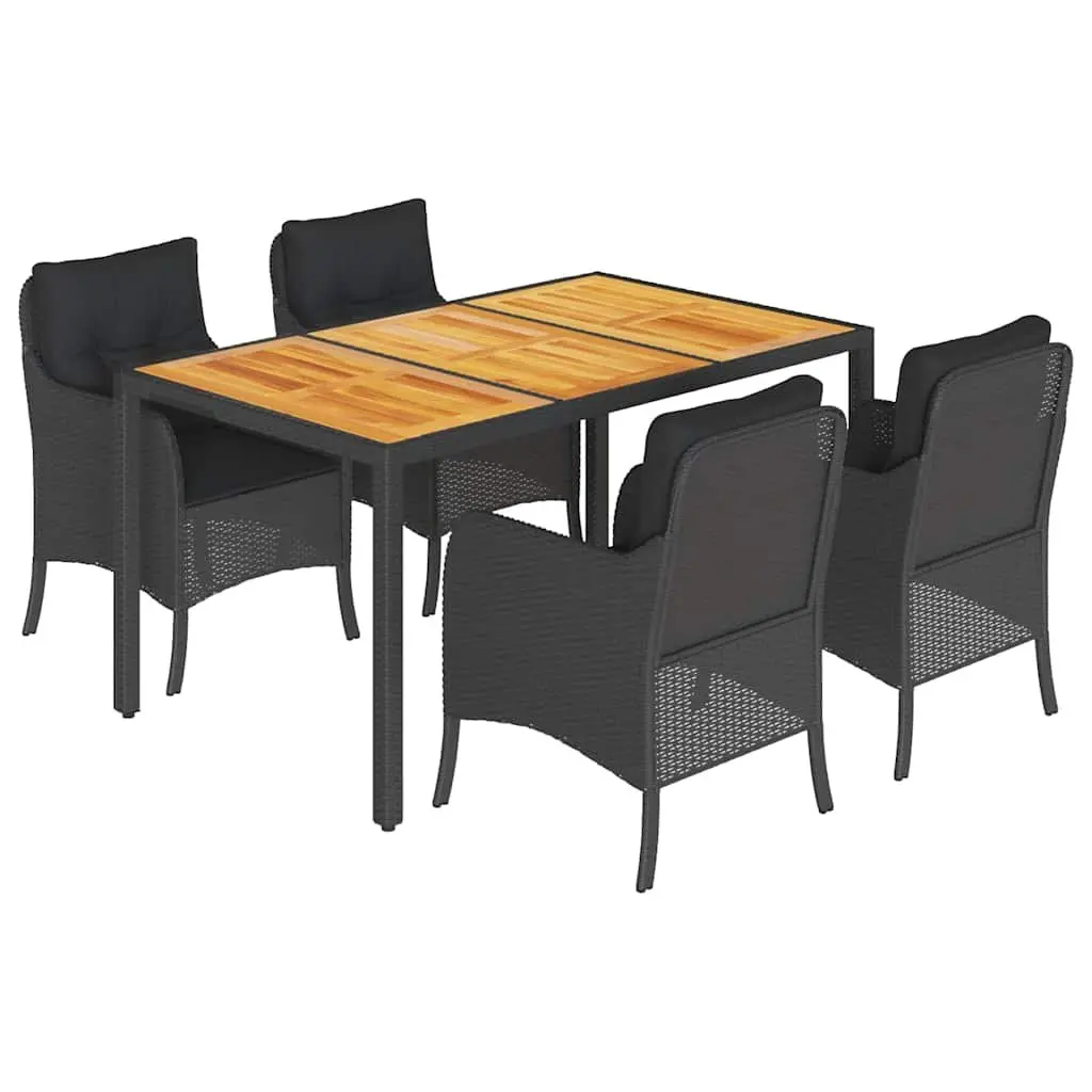 Garden Dining Set 5 Piece PE Rattan Black with Acacia Wood Table and Cushions