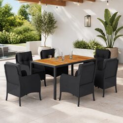 7 Piece Outdoor Dining Set with Cushions - Black Rattan