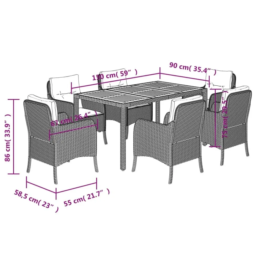 Outdoor Dining Set PE Rattan Acacia Wood 7 Piece Black Garden Furniture with Cushions