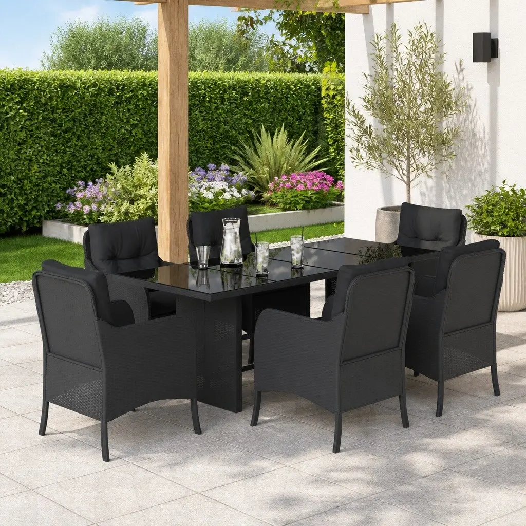 7 Piece Outdoor Dining Set Poly Rattan Black with Tempered Glass Tabletop and Cushioned Chairs
