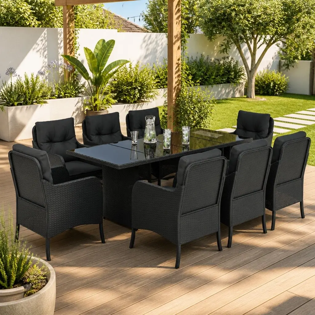 9-Piece Black Poly Rattan Garden Dining Set