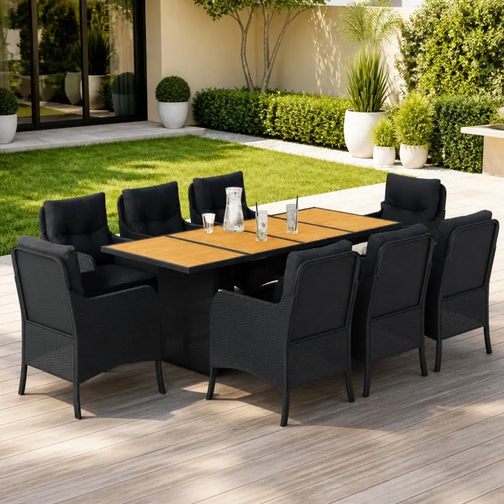 9 Piece Garden Dining Set in Black Poly Rattan