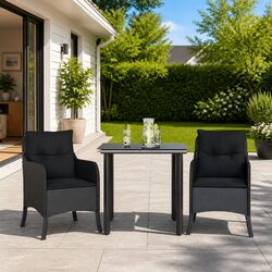 3 Piece Black Poly Rattan Outdoor Dining Set with Cushions