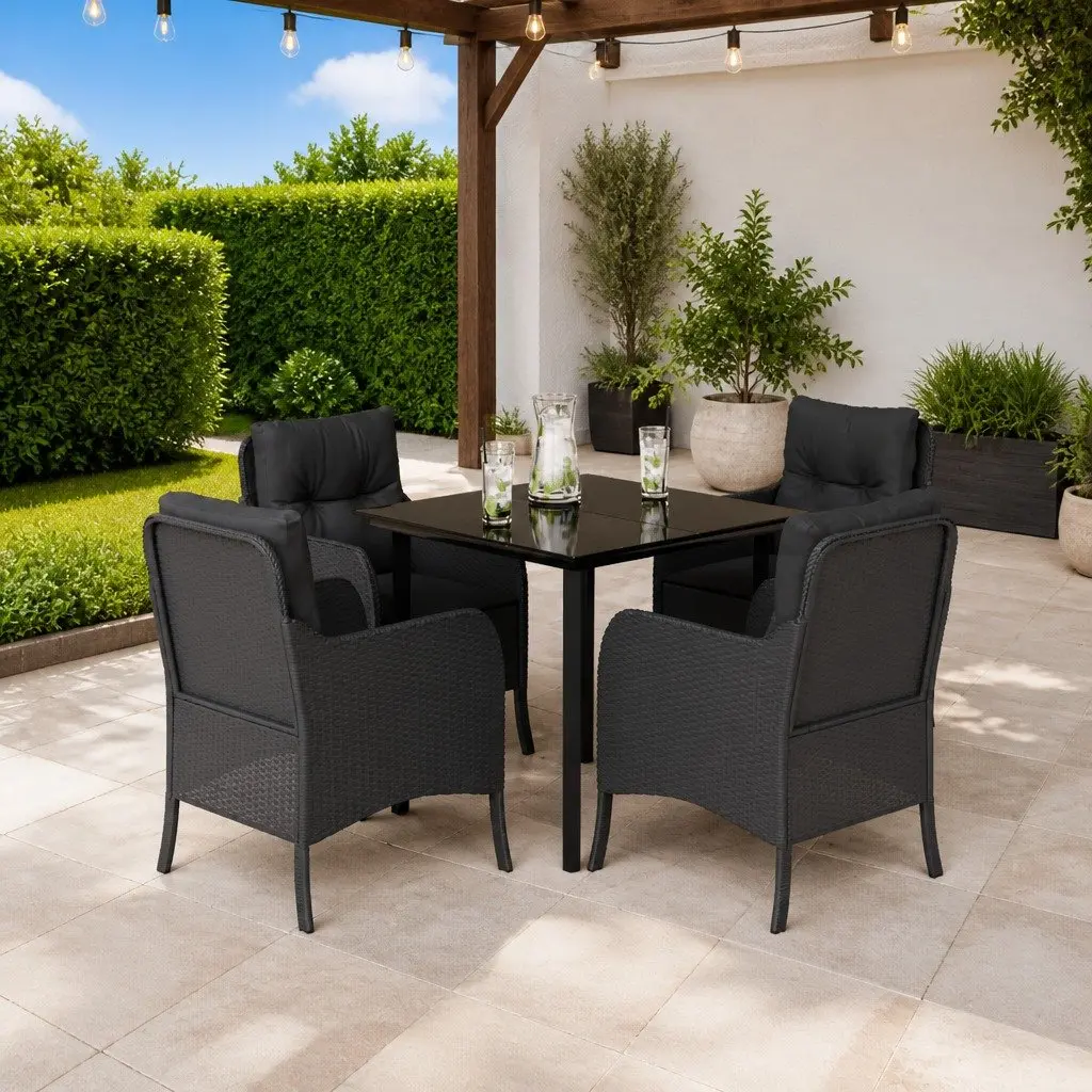 Garden Dining Set PE Rattan 5 Piece Outdoor Furniture Black