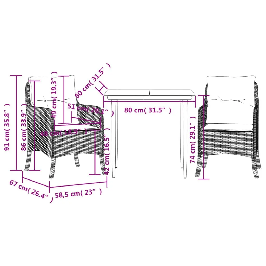 Garden Dining Set PE Rattan 3 Piece Outdoor Furniture Grey