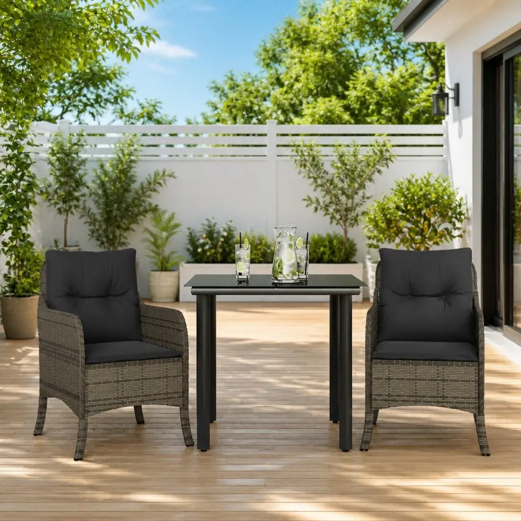 Outdoor Dining Set 3 Piece Garden Furniture Grey Poly Rattan Table Chairs