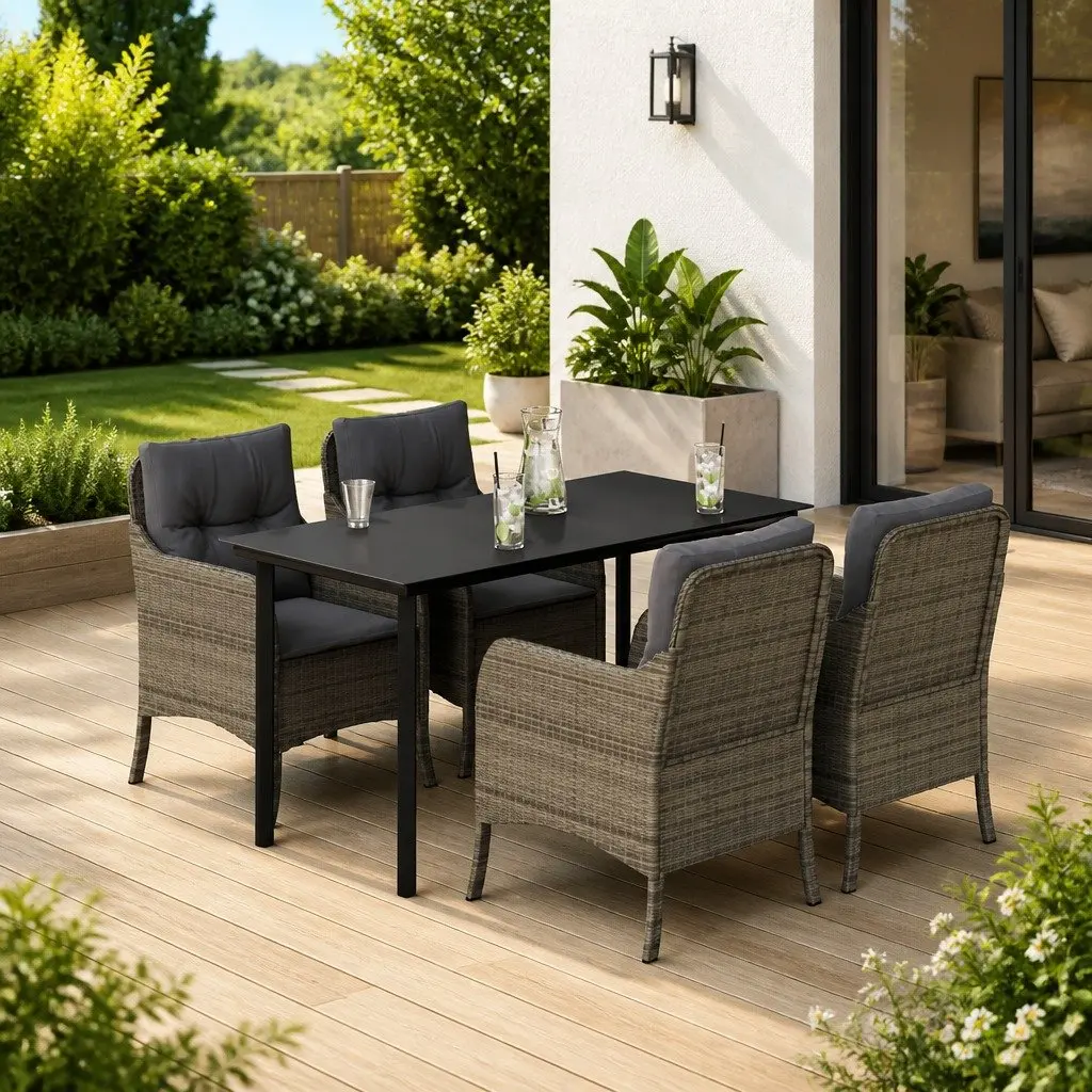 Garden Dining Set PE Rattan Powder-coated Steel Tempered Glass 5 Piece Grey