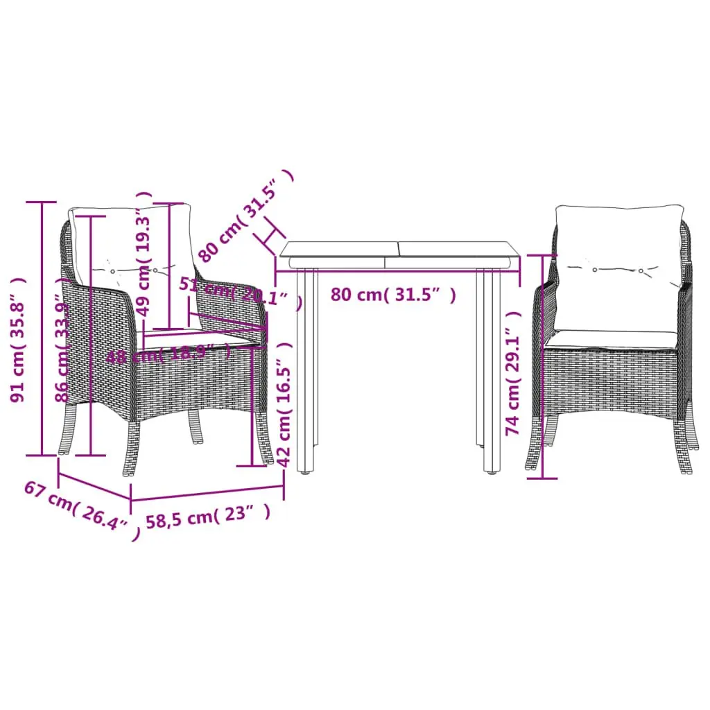 Outdoor Dining Set PE Rattan 3 Piece Beige Garden Furniture with Cushions